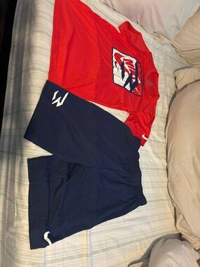 Nike 3 Brand Red Graphic short Sleeve Top with Navy Athletic Shorts